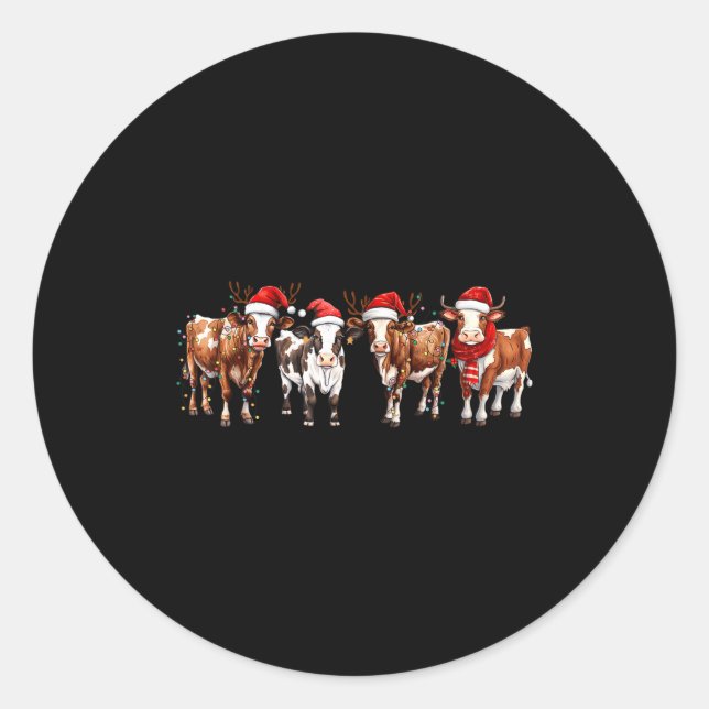 Sticker Rond Cow Reindeer Santa Hat Christmas Light Funny Cows  (Devant)