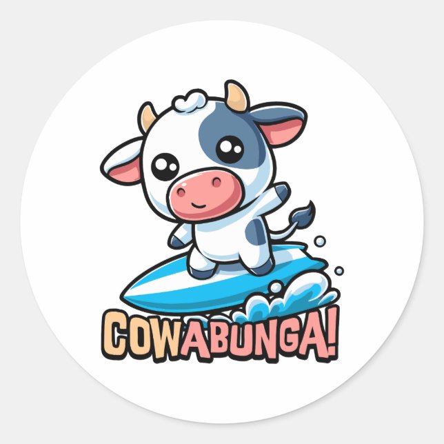Sticker Rond Cowabunga ! Cute Surfing Cow Pun (Devant)