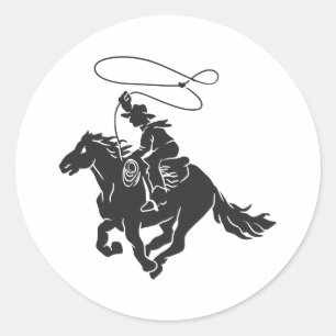 Sticker Rond Cowboy à cheval bourré courant avec lasso