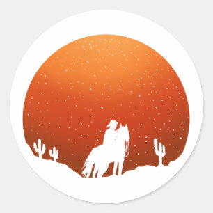 Sticker Rond Cowboy avec cheval Wild West coucher de soleil pay