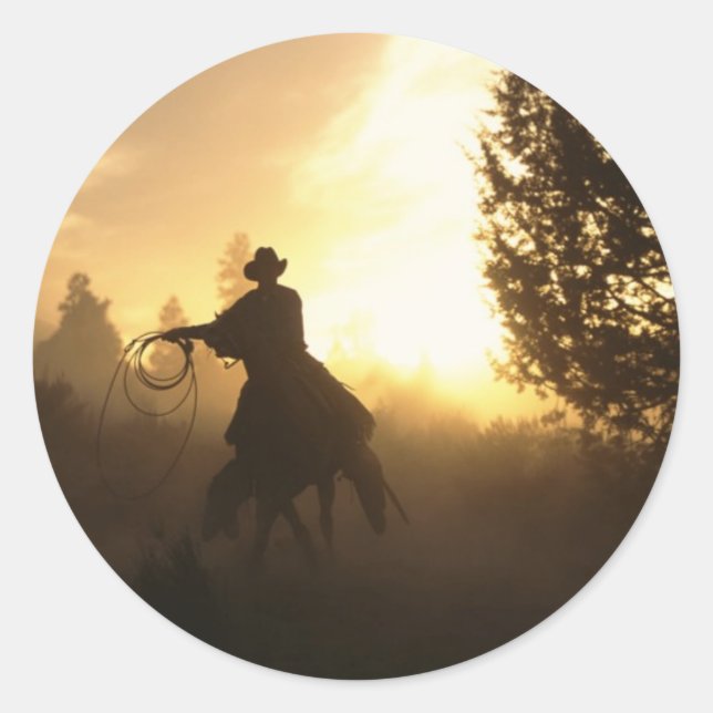 Sticker Rond Cowboy avec Lasso au coucher du soleil (Devant)