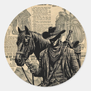 Sticker Rond Cowboy avec selle à cheval art occidental
