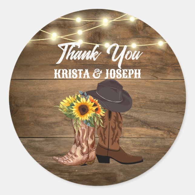Sticker Rond Cowboy Boots Sunflower Western Wedding Favoriser (Devant)