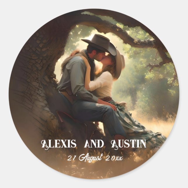 Sticker Rond Cowboy et Cowgirl Kissing Mariage (Devant)