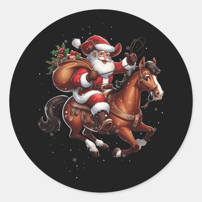 Sticker Rond Cowboy Père Noël Monter Un Cheval Noël Drôle Weste (Devant)