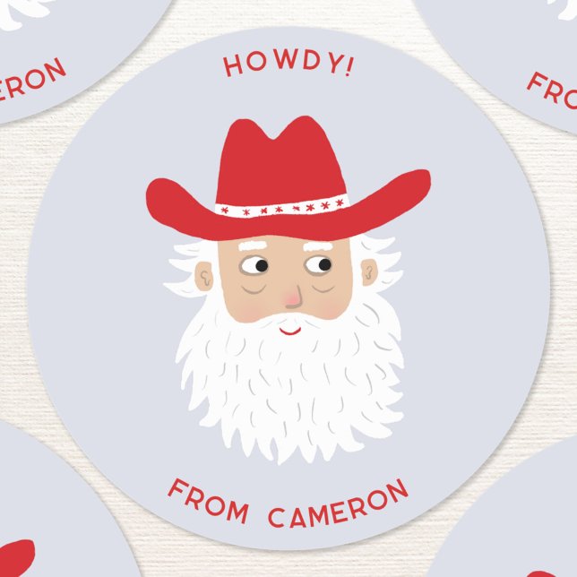 Sticker Rond Cowboy Santa Claus Christmas Custom Text (Fun Cowboy Santa Claus Western Christmas Holiday custom text sticker)
