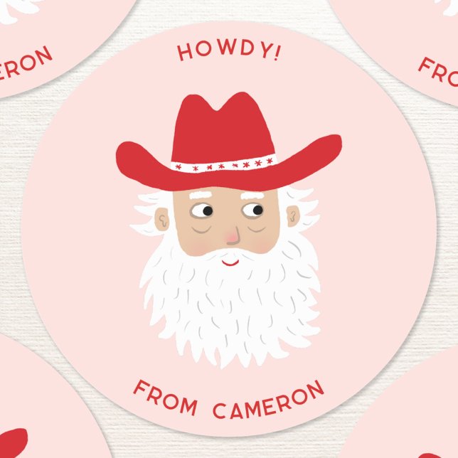 Sticker Rond Cowboy Santa Claus Christmas Custom Text Pink (Fun Cowboy Santa Claus Western Christmas Holiday custom text sticker)