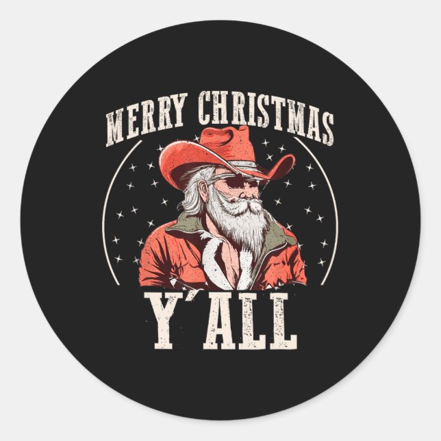 Sticker Rond Cowboy Santa Claus Joyeux Noël Y'all Western C (Devant)