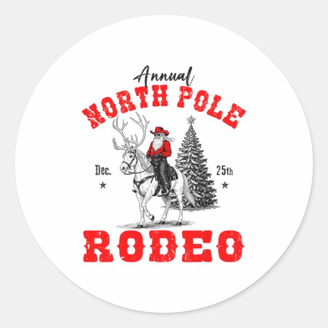 Sticker Rond Cowboy Santa Riding Reindeer North Le Rodeo Christ (Devant)