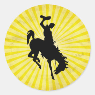 Sticker Rond Cowboy sur le Bronc s'opposant ; jaune