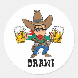Sticker Rond Cowboy tenant des Mugs De Bières