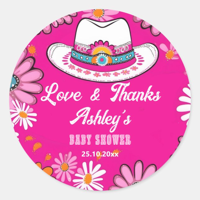 Sticker Rond Cowgirl casquette roses pâtisseries rétro baby sho (Devant)