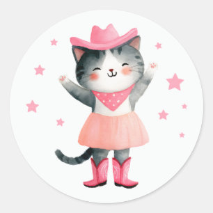 Sticker Rond Cowgirl Chat Pastel Rose Cute Aquarelle Occidental