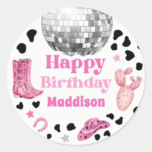 Sticker Rond Cowgirl Disco Rodeo Shower Birthday Cupcake (Devant)