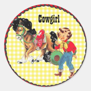 Sticker Rond Cowgirl du Western Party avec chevalier