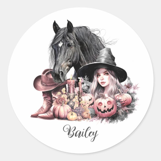 Sticker Rond Cowgirl Halloween cheval Les chambres sont pour le (Devant)