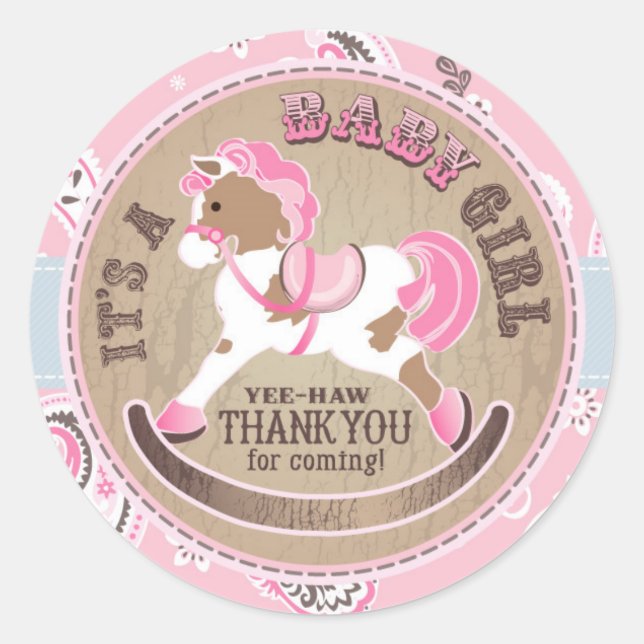 Sticker Rond Cowgirl Rocking Horse Baby shower de l'Ouest (Devant)