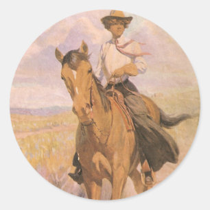 Sticker Rond Cowgirl vintage Cowboy, Femme à cheval par Dunton