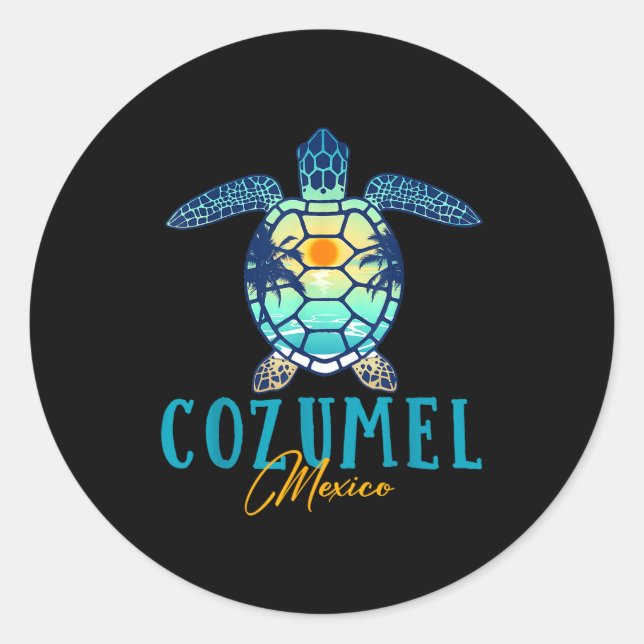 Sticker Rond Cozumel Mexico Sea Turtle Palm Tree Sunset Beach V (Devant)