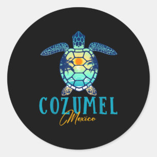 Sticker Rond Cozumel Mexique Tortue de mer Palmier Coucher de s