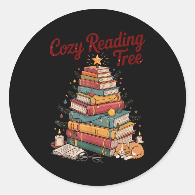 Sticker Rond Cozy Christmas Reading Tree Cat Candle Stack Booki (Devant)