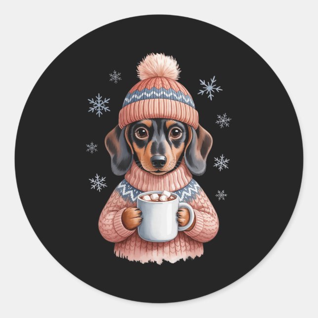 Sticker Rond Cozy Dachshund Dog With Hot Cocoa Holiday Winter S (Devant)