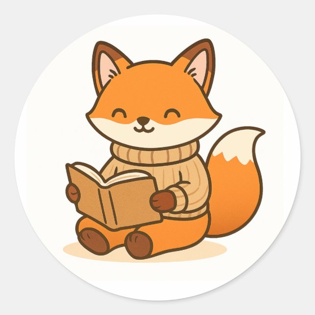 Sticker Rond Cozy Fox Reading a Book (Glossy White Background)  (Devant)