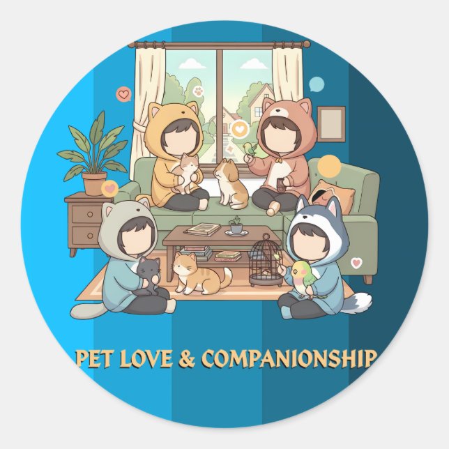 Sticker Rond Cozy Pet Friends Chibi Anime Art (Devant)