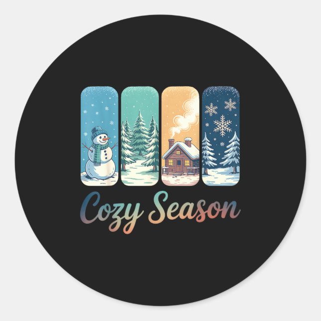 Sticker Rond Cozy Season Winter Wonderland Cabin Snowman Snowfl (Devant)