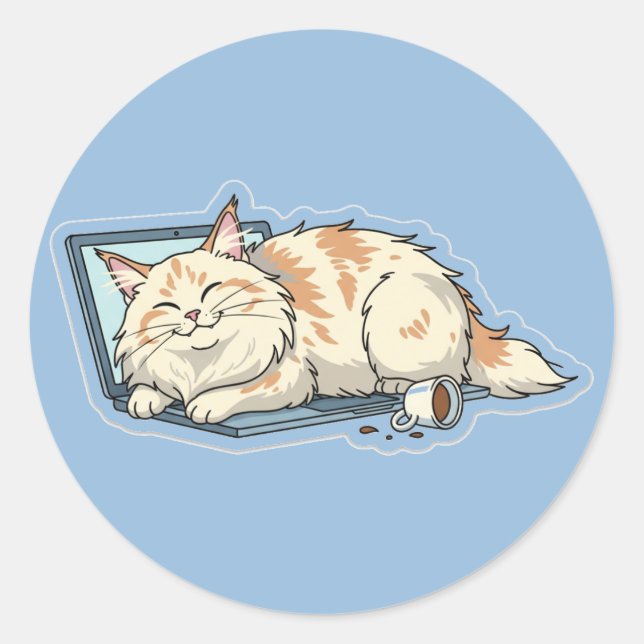 Sticker Rond Cozy Sleeping Cat on Laptop | Funny Tech Lover  (Devant)
