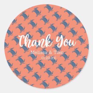 Sticker Rond Crabe Broil Boil Rouge Bleu Motif Mariage Merci