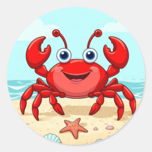 Sticker Rond Crabe de Dessin Animé Rouge Joyeux Coquillage Mign