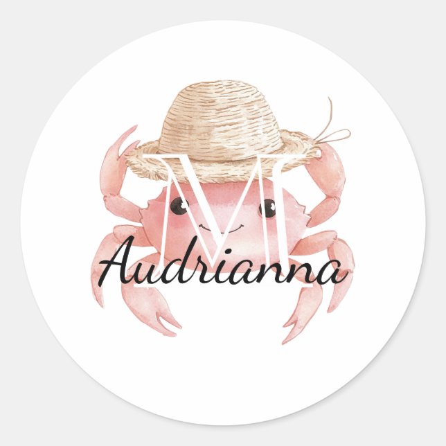 Sticker Rond Crabe rose avec monogramme sur chapeau (Devant)