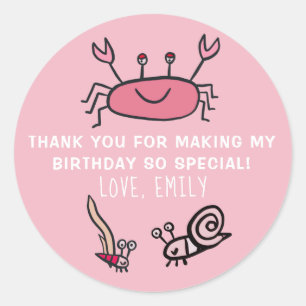 Sticker Rond Crabe rose Fille d'animaux de la mer Anniversaire 