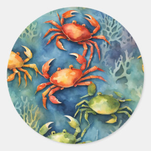 Sticker Rond Crabes et corail côtiers colorés à l'aquarelle