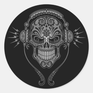 Sticker Rond Crâne à sucre DJ noir