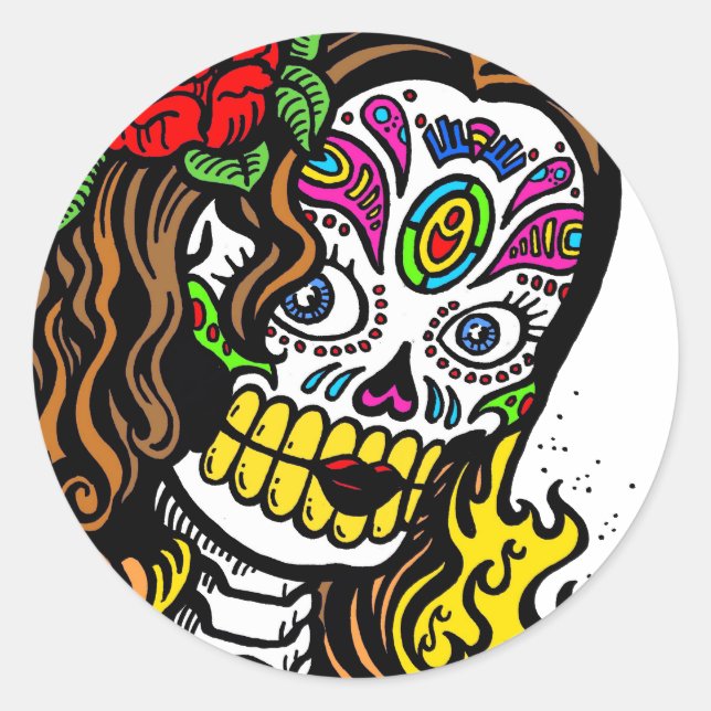 Sticker Rond Crâne à sucre fleur fille (Devant)