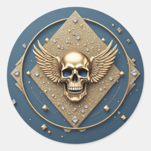 Sticker Rond ☠️ Crâne ailé doré Cadeau gothique pour motards 💎