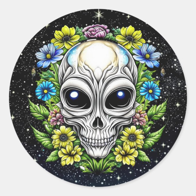 Sticker Rond Crâne Alien floral Extraterrestrial AI Art (Devant)
