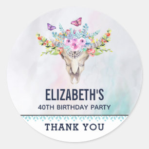 Sticker Rond Crâne animal Boho avec papillons Anniversaire