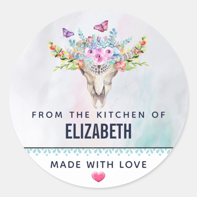 Sticker Rond Crâne animal Boho avec papillons Cuisine (Devant)