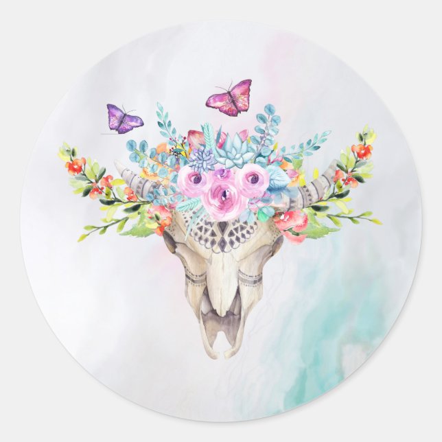 Sticker Rond Crâne animal Boho avec papillons et fleurs (Devant)