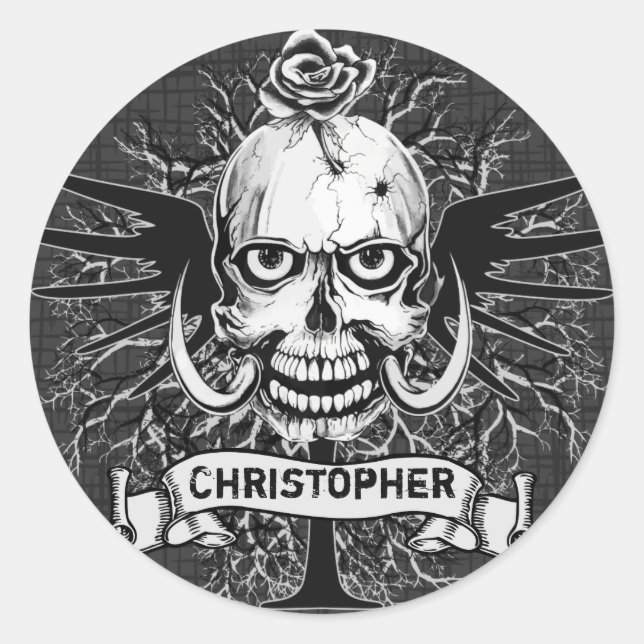 Sticker Rond Crâne Avec Rose, Cornes, Croix, Ailes Personnalise (Devant)