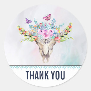 Sticker Rond Crâne Boho avec papillons et Merci de fleurs