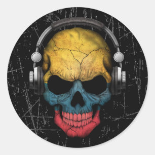 Sticker Rond Crâne colombien rayé du DJ avec des écouteurs