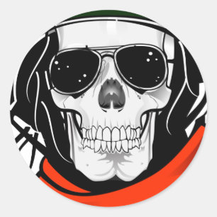 Sticker Rond Crâne cool avec lunettes de soleil et casque