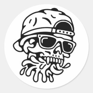 Sticker Rond Crâne Cool avec Lunettes de Soleil et Casquette à