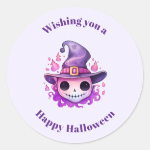 Sticker Rond Crâne dans un chapeau de sorcière Fantaisie Hallow