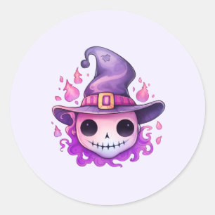 Sticker Rond Crâne dans un chapeau de sorcière Fantaisiste