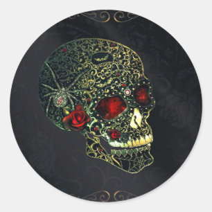 Sticker Rond Crâne d'araignée orné de bijoux et roses, fête gla